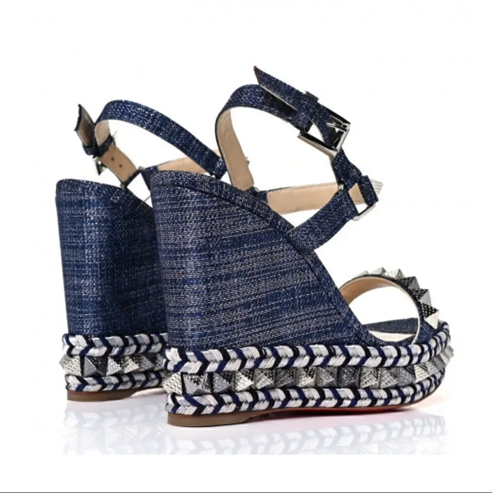 CHRISTIAN LOUBOUTIN Denim Lame Lux Pyraclou 110 Wedge Sandals |Size: 39|